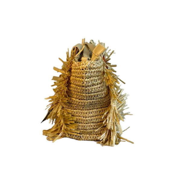 Sondra Roberts Boho Beach Fringe Squared Natural Straw Raffia Weave Bag Purse - Picture 4 of 15